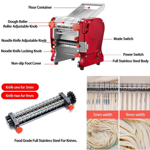 LEONEBEBE Electric Pasta Maker For Home Use Commercial Dough Sheeter Auto Noodle Press showing stainless steel body and noodle cutter.