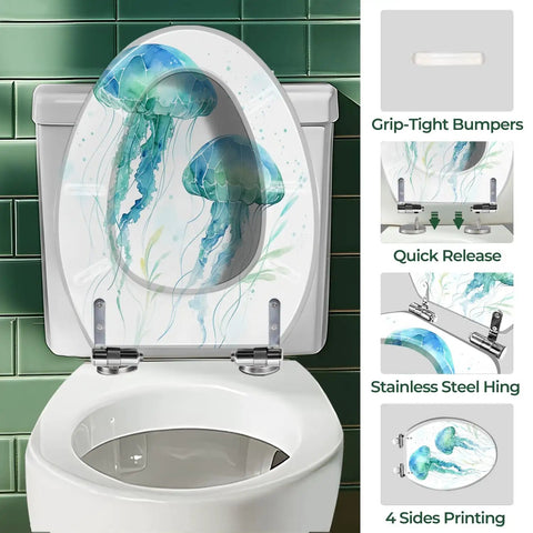 Cosmic Pattern Resin Elongated Toilet Seat for Bathroom featuring jellyfish design, suitable for standard toilets.