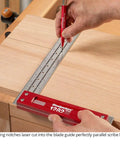 Using 12-inch square with scribing notches on wood for marking, part of Precision Woodworking Square Set 6 Inch And 12 Inch Stainless Steel Self Standing With Scribing Notches USA Made Feature Packed For Accurate Repeatable Cuts.