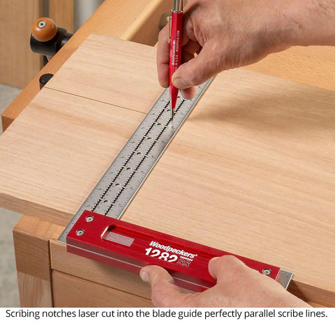 Using 12-inch square with scribing notches on wood for marking, part of Precision Woodworking Square Set 6 Inch And 12 Inch Stainless Steel Self Standing With Scribing Notches USA Made Feature Packed For Accurate Repeatable Cuts.