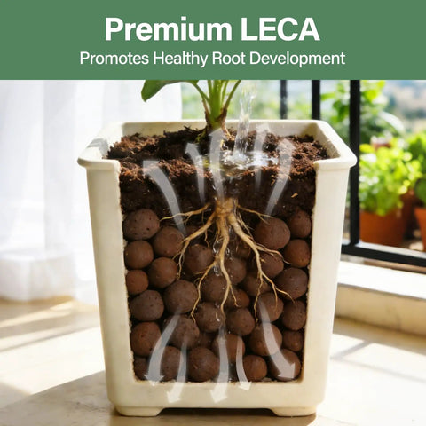 Potted plant with visible roots in LECA clay pebbles showing healthy root growth. Six Pound Bag Of LECA Clay Pebbles 4 To 16 mm For Hydroponics Aquaponics Indoor Plant And Aquarium Growth Setup Media Ideal For Orchids Succulents Bonsai And Potted Plants Premium Expanded Clay Balls.