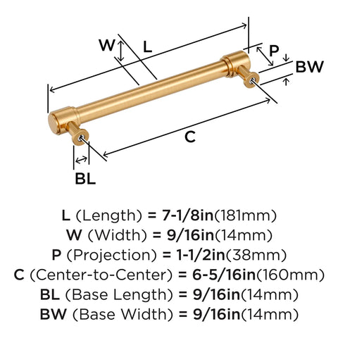 Real Deal Transitional Champagne Bronze Cabinet Pull And Drawer Handle with dimensions, 6 5/16 inch Center To Center, sturdy design.