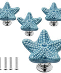 Super Snazzy Coastal Blue Ceramic Starfish Drawer Knobs 4 Pack With Solid Zinc Alloy Mounts For Kitchen Cabinet Makeover Legit Glossy Finish, four blue starfish knobs with metallic mounts.