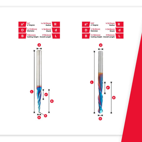 Spektra Extreme Tool Life Coated CNC Router Bit Pack For Sign Making And Engraving, showing two solid carbide bits with dimensions.
