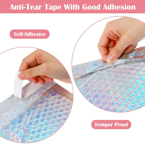 Hands sealing 60 Pack Holographic Bubble Mailers Dope Waterproof Self Seal Foil Glitter Glamour Shipping Envelopes