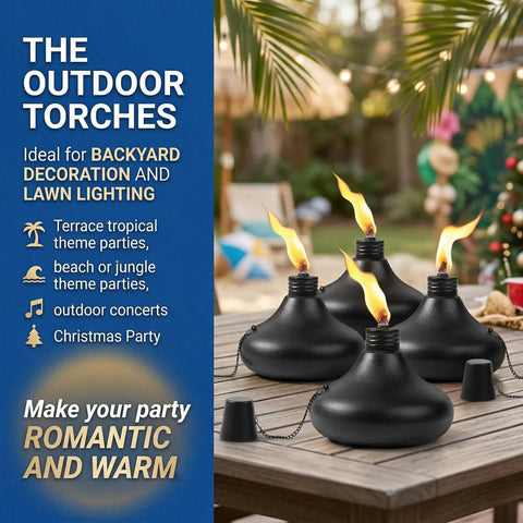Upgraded Tabletop Torch Set Of 6 With 24.5 Oz Citronella Fuel Refillable Metal Lanterns for outdoor use on a patio table