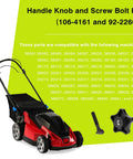 DIY Friendly Handle Knob And Screw Bolt Kit For Lawn Mowers And Snow Blowers Replacement Parts Fits Most Recycler And Super Recycler Decks Includes 117-5976 And 92-2260 Plug And Play Install Durable Mower Deck Hardware visible with red lawn mower and kit components.