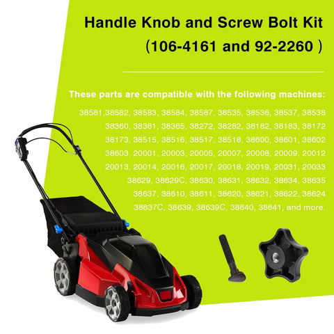 DIY Friendly Handle Knob And Screw Bolt Kit For Lawn Mowers And Snow Blowers Replacement Parts Fits Most Recycler And Super Recycler Decks Includes 117-5976 And 92-2260 Plug And Play Install Durable Mower Deck Hardware visible with red lawn mower and kit components.