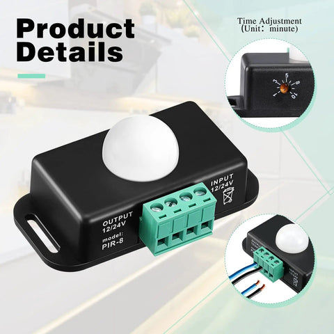 Three Pack 12V To 24V PIR Sensor Kit For LED Strip Lights Adjustable Infrared Motion Detector Black Housing with Embedded Probes
