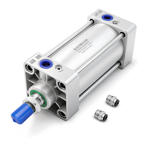 Beefy Heavy Duty Pneumatic Air Cylinder 2-1/2 Inch Bore, 1.96 Inch Stroke, Double Acting shown with two push-in fittings