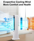 Windowless Portable Evaporative Cooler Tower Fan For Bedroom, 41 Inch with air flow illustration in a living room.