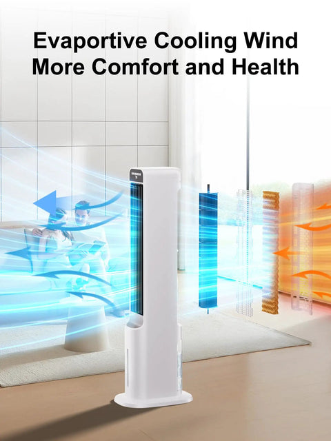 Windowless Portable Evaporative Cooler Tower Fan For Bedroom, 41 Inch with air flow illustration in a living room.