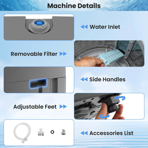 Machine details of Smooth Operation Compact Portable Washer With Fast Drain Pump And Twenty Pound Laundry Capacity In Classic Gray.