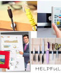 Image collage showing the use of 280 Piece Strong Neodymium Round Magnets 0.2x0.04 Inch for office and kitchen displays.