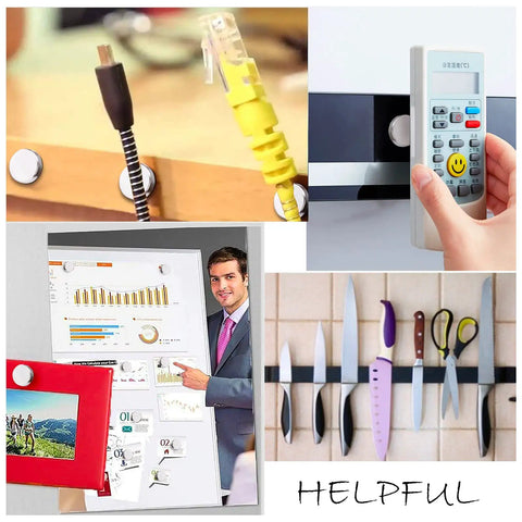 Image collage showing the use of 280 Piece Strong Neodymium Round Magnets 0.2x0.04 Inch for office and kitchen displays.
