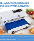 Rock Solid Commercial Heat Sealer Machine With Digital Temperature Control And Smoothly Adjustable Speed Heavy Duty Desktop Continuous Bag Band Sealer For Plastic Films And Quick Packing on a table with sealed bags.