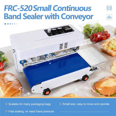 Rock Solid Commercial Heat Sealer Machine With Digital Temperature Control And Smoothly Adjustable Speed Heavy Duty Desktop Continuous Bag Band Sealer For Plastic Films And Quick Packing on a table with sealed bags.