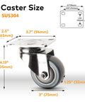 Heavy duty swivel caster 3 inch SUS304 stainless steel with non-marking polyurethane wheel, 250 lbs load capacity, for carts and furniture.
