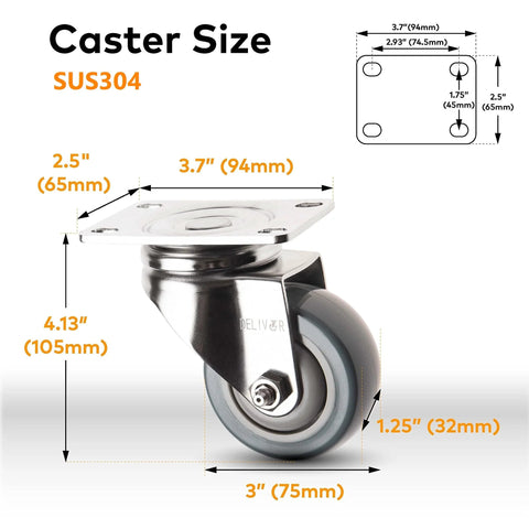 Heavy duty swivel caster 3 inch SUS304 stainless steel with non-marking polyurethane wheel, 250 lbs load capacity, for carts and furniture.