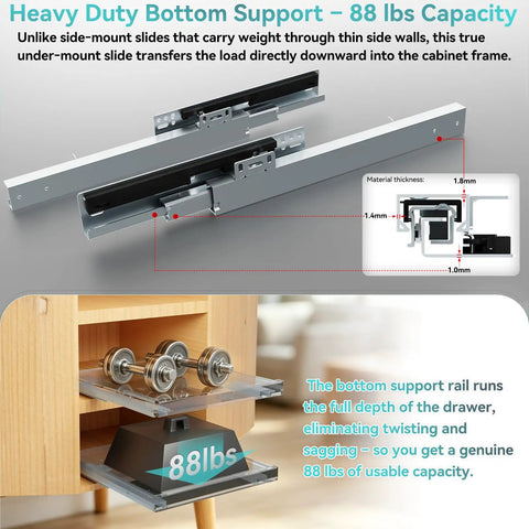Heavy Duty 10 Inch Bottom Mount Soft Close Drawer Slides Kick Up Your Cabinets With Rock Solid Support And An Effortless 88 Pound Load Rating For Quick Home Refreshes And Zero Drama Diy Projects, showcasing smooth operation and 88 lbs capacity.
