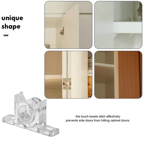 10 Pack Cabinet Push To Open Latch With Touch Beads ABS And Metal Material installed on various cabinet doors