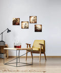 Four Piece Old Train Canvas Wall Art Set With Brown Locomotive Retro Steam Painting Vintage Vehicle Poster in modern living room.