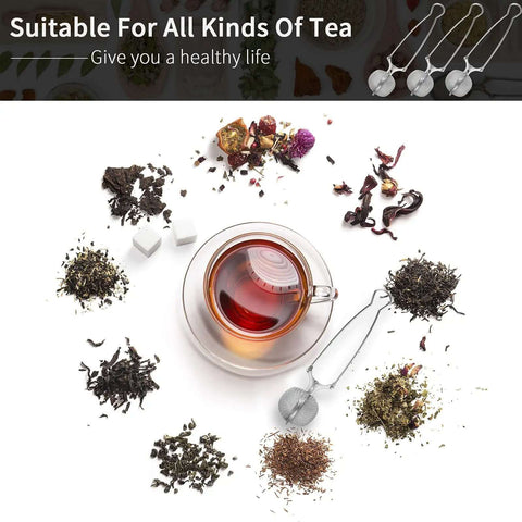 Stainless Steel Tea Infuser Ball Strainer With Handle 3 Pack Ultra Fine Mesh Filter beside a cup of tea and loose leaf tea varieties.