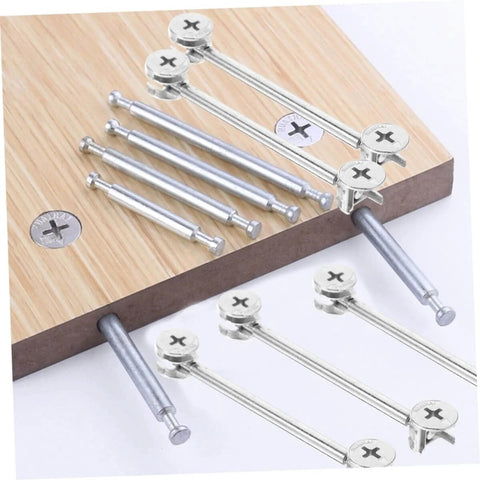 Heavy Duty Furniture Cam Lock Fittings Kit For Cabinets 20 Sets With Double Headed Connectors shown installed on wood panel