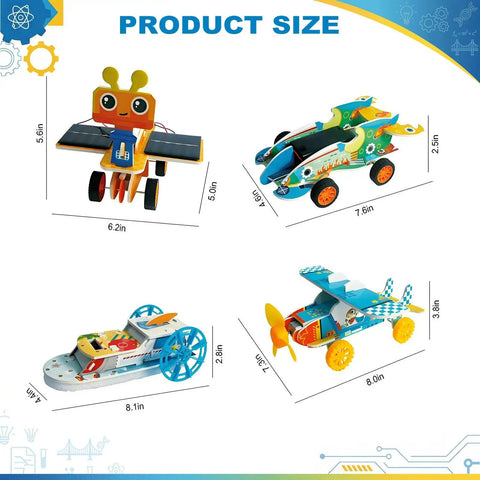 4-In-1 Engineering Kit For Kids Aged 8-12 Build A Mars Rover, A Fast Race Car, A Dope Soaring Glider, And A Paddle Boat; Learn Motor Dynamics And Mechanical Transmission Hands-On, The Ultimate Gift For Curious Builders, product size diagram with four models