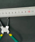 4 Piece Snap Ring Pliers Set With 7 Inch Round Nose C Clamps next to a measuring ruler, showing durable steel construction.