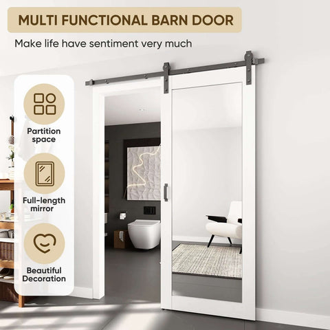 36x80 Inch Mirror Barn Door With Sliding Hardware Kit Included Full Length One Lite Mirror Door White Finish Solid Wood Core With Waterproof PVC Surface Scratch Resistant No Assembly Required installed in modern room.