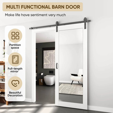 Mirror Barn Door 34x84 Inches With 6 Foot Sliding Door Hardware Kit Included, Full Length One Lite Mirror in modern room