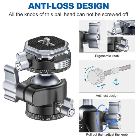Anti-loss design of Arca QR Ball Head For Tripods And Sliders With One Quarter Inch And Three Eighths Inch Threads 360° pan