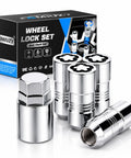 Heavy Duty Anti Theft Wheel Lock Lug Nuts M14x1.5 in chrome finish with protective packaging for Chevy Tahoe Silverado and GMC trucks.