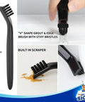 V-shape grout cleaning brush with scraper shown cleaning tile grout, part of Grout Cleaning Brush Set For Tile And Sink Grout Edges