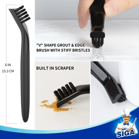 V-shape grout cleaning brush with scraper shown cleaning tile grout, part of Grout Cleaning Brush Set For Tile And Sink Grout Edges