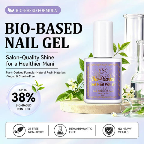 Bio Based Pearl Gel Nail Polish Set With Six Iridescent Shimmer Shades for DIY manicure, plant-derived formula bottle.