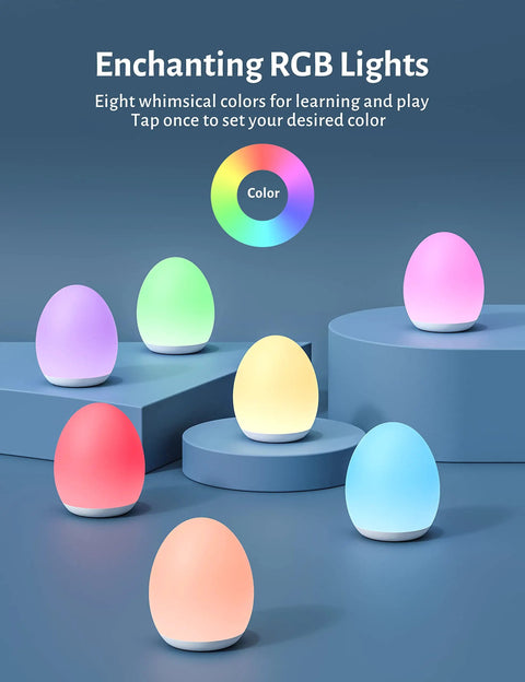 Rechargeable Egg Night Light For Baby And Kids With 7 Colors Changing Mode Stepless Dimming And Easy Touch Control Includes 1 Hour Timer BPA Free Nursery Light For Breastfeeding Diaper Changes Perfect Late Night Hack displayed on blue platform with color options
