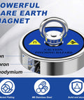 Close-up of neodymium magnet with handle, labeled iron, boron, nickel plating for 600 Pound Magnet Fishing Kit With 65 Foot Nylon Rope Neodymium Single Sided Magnet For River Treasure Hunting Heavy Duty Fishing Magnet Set For Lifting Metal Finds From Water