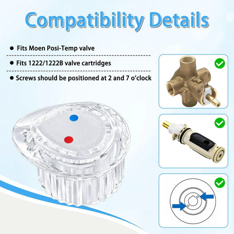 Posi-Temp Single Handle Shower Knob Replacement Kit For Tub And Shower Faucets White Button Insert Fits 100710 Valve And 1222 And 1222B Cartridges Easy Install DIY Faucet Accessory compatibility details with images of valve and cartridge