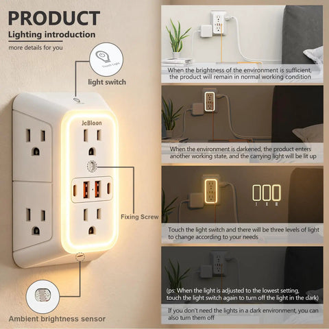 Straight Up Best Wide Spaced Wall Outlet Extender Includes Night Light with touch switch and brightness sensor.