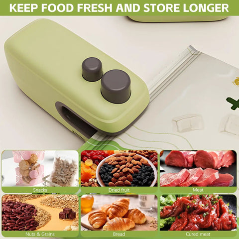 2 Pack Rechargeable 2 In 1 Mini Bag Sealer And Cutter Grab And Go Portable Resealer Machine with food samples.