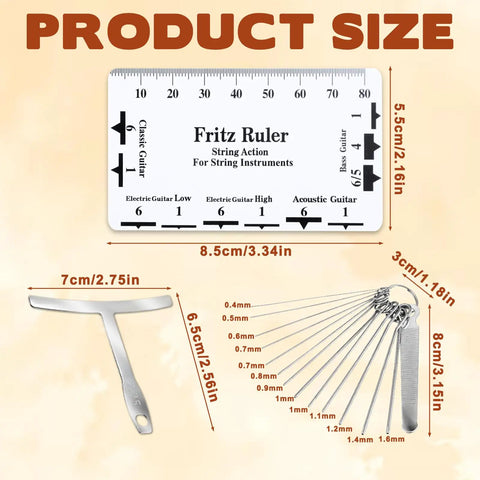 Guitar Nut File Set 11 Pcs Luthier Tools Kit With Nine Radius Gauges And One String Action Gauge Ruler dimensions displayed