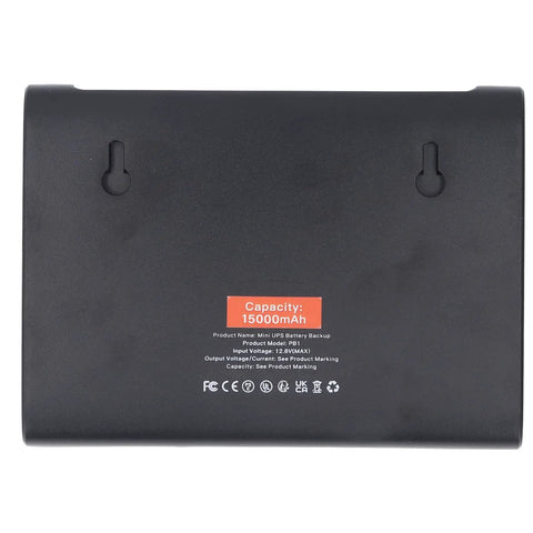 Mini Ups Portable Battery Backup With 15000Mah Capacity shows product back with specs and ports for reliable power supply.