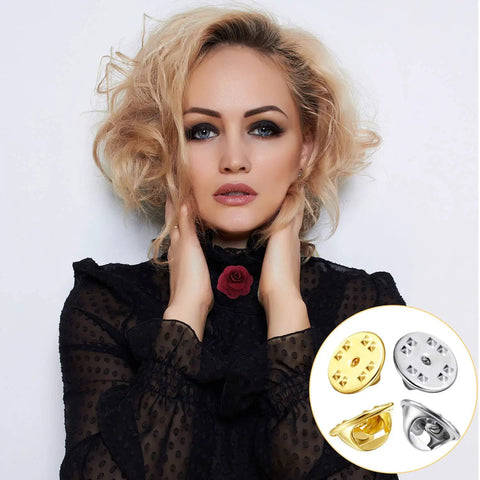 50 Pieces Hella Secure Butterfly Clutch Backs, Nickel Plated Brass Pin Fasteners For Badges And Jewelry Crafting displayed with model.