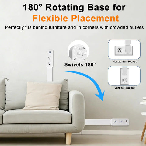 Flexible Outlet Extender Stick With Usb A And C Fast Charge Plus Two Ac Receptacles Stretches 22 To 34 Inches Swivels 180 Degrees, shown behind a couch.