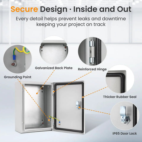Rock Solid Lockable Metal Electrical Junction Box With IP65 Weatherproof Cover For Indoor Outdoor Projects features a secure design with reinforced hinge and grounding point.