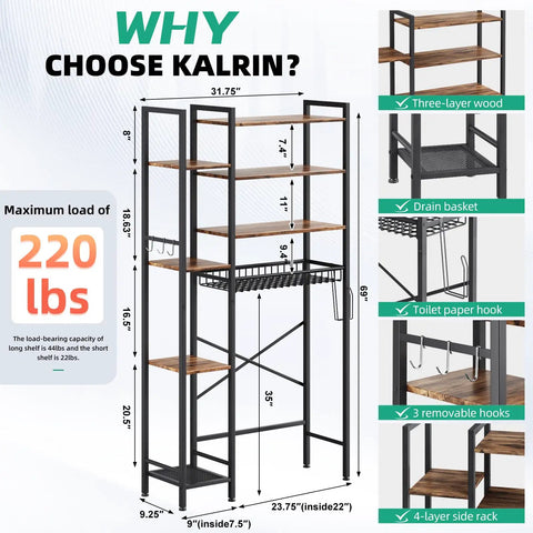 Freestanding Eight Tier Over The Toilet Storage Rack With Adjustable Shelves And Drain Basket Vintage Brown Bathroom Home Organizer with dimensions and features.