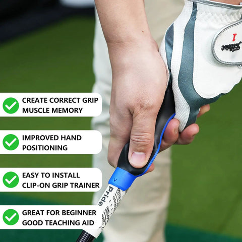 Grip Trainer For Right Hand Golfers Molded Training Aid on club showing correct hand position