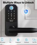 Keyless Entry Door Lock With Handle 5 In 1 Security System Includes Fingerprint Passcode App Control Fob And Emergency Key Easy Install For Exterior Front Door Electronic Deadbolt shown installed on door.